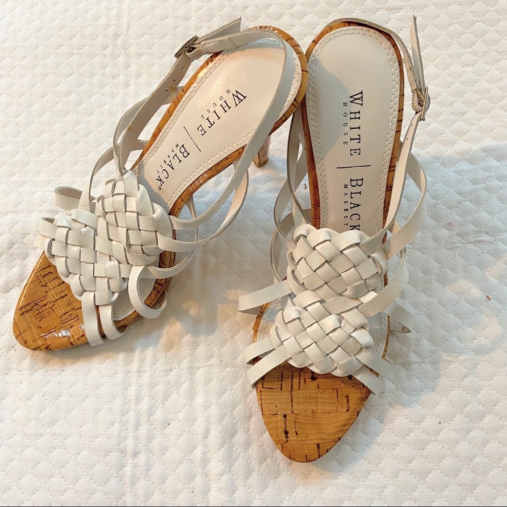WHBM White Strappy Leather & Cork Sole Heels
